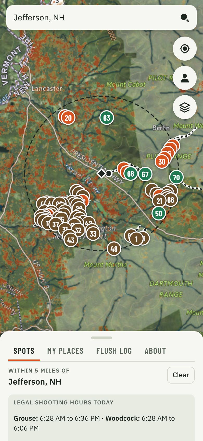 Grouse Finder on a phone: ranked grouse and woodcock covers within 5 miles of Jefferson, New Hampshire, on an aerial map