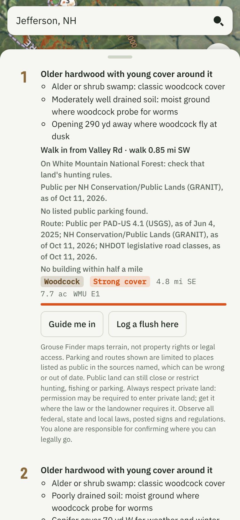 Grouse Finder spot card: why the spot ranks, the walk in, whose public land it is on and the nearest building